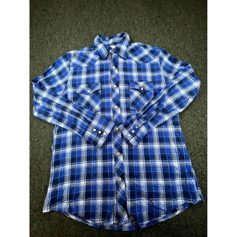 Wrangler Wrancher Western Flannel Shirt Men's Large Blue Plaid Collar Pearl Snap